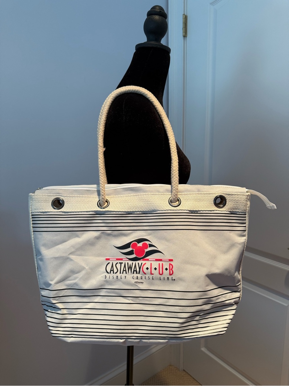 White Striped Canvas Tote with Rope Handles